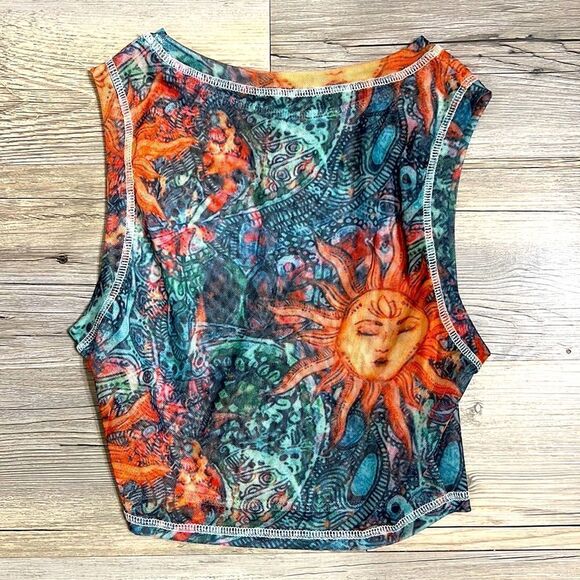 Design crop top. Real tight mesh,  turquoise, navy blue and orange. - Picture 1 of 4